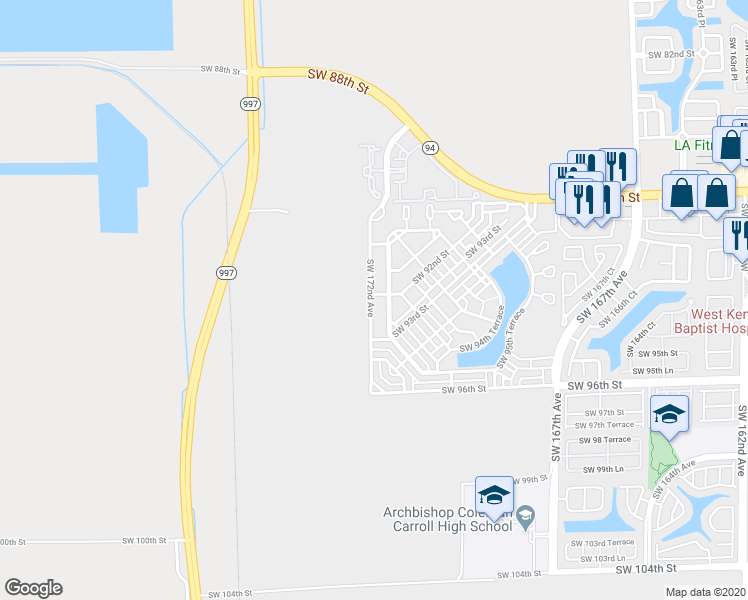 map of restaurants, bars, coffee shops, grocery stores, and more near 17182 Southwest 92nd Street in Miami