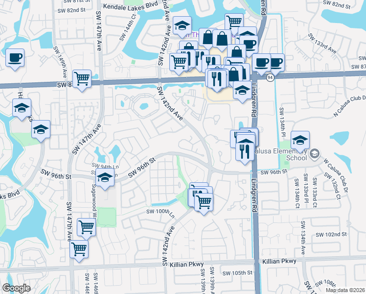 map of restaurants, bars, coffee shops, grocery stores, and more near 14210 Southwest 94th Circle Lane in Miami