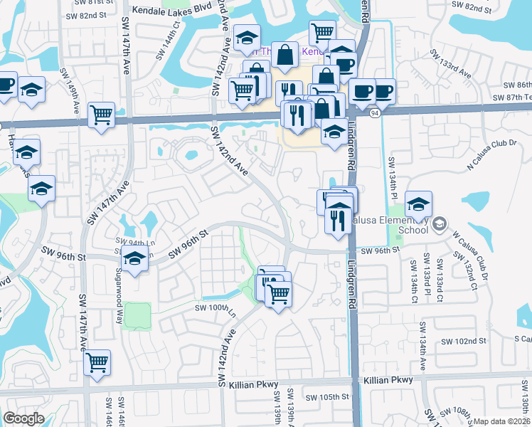 map of restaurants, bars, coffee shops, grocery stores, and more near 14210 Southwest 94th Circle Lane in Miami