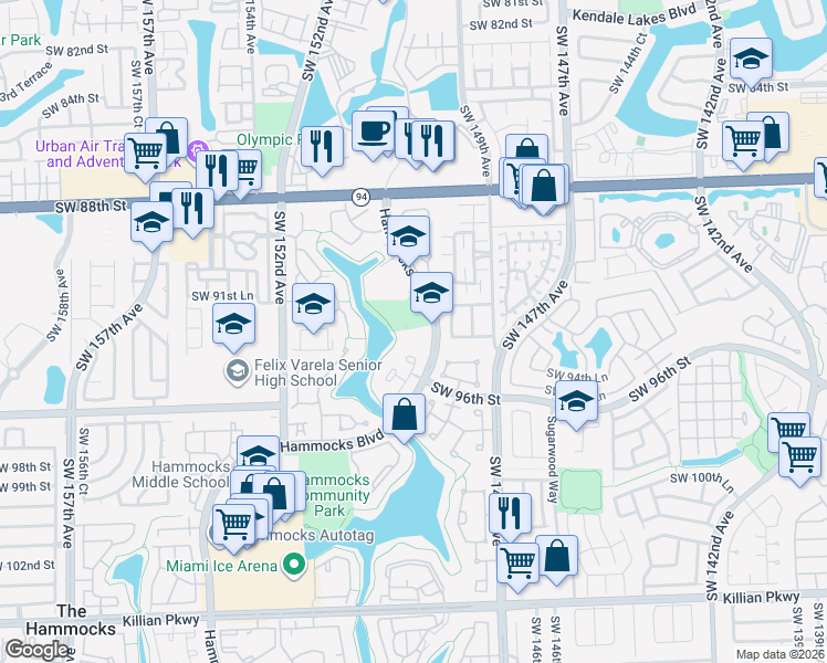 map of restaurants, bars, coffee shops, grocery stores, and more near 9270 Hammocks Boulevard in Miami
