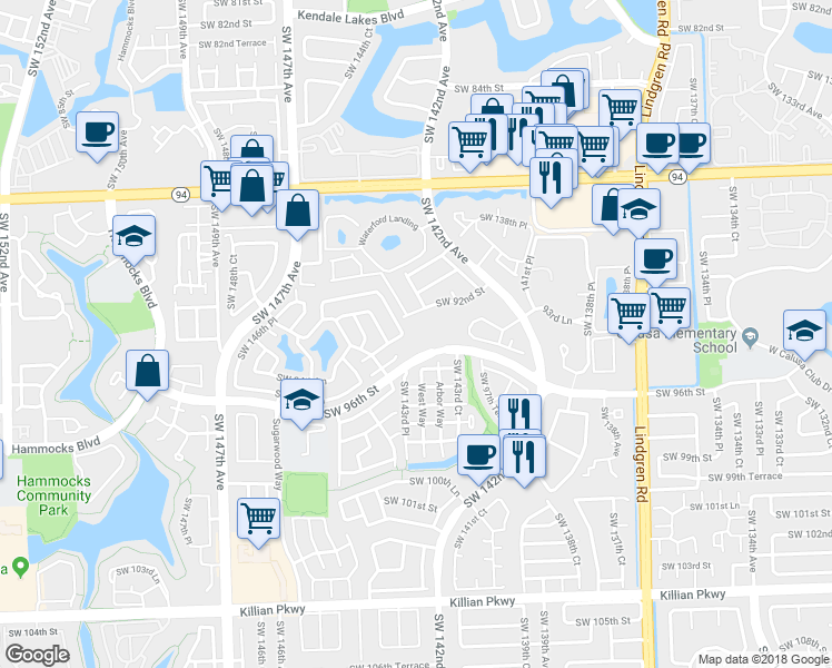 map of restaurants, bars, coffee shops, grocery stores, and more near 14387 SW 96th St in Miami
