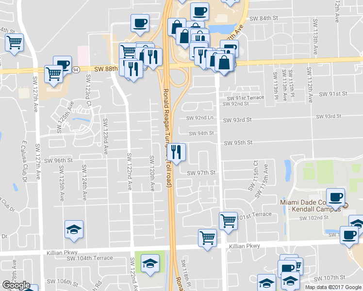 map of restaurants, bars, coffee shops, grocery stores, and more near 9509 Southwest 118th Place in Miami
