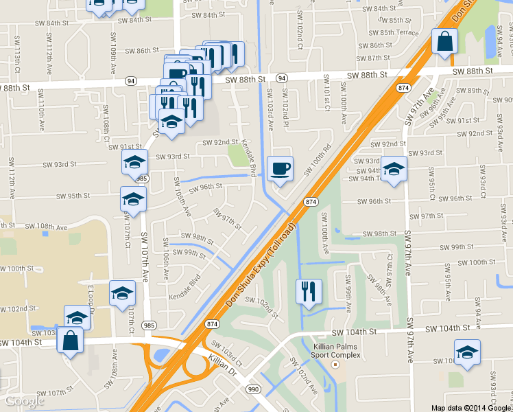 map of restaurants, bars, coffee shops, grocery stores, and more near 10240 Southwest 96th Terrace in Miami
