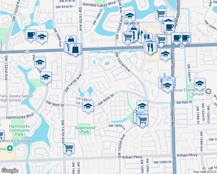 map of restaurants, bars, coffee shops, grocery stores, and more near 14387 Southwest 96th Street in Miami