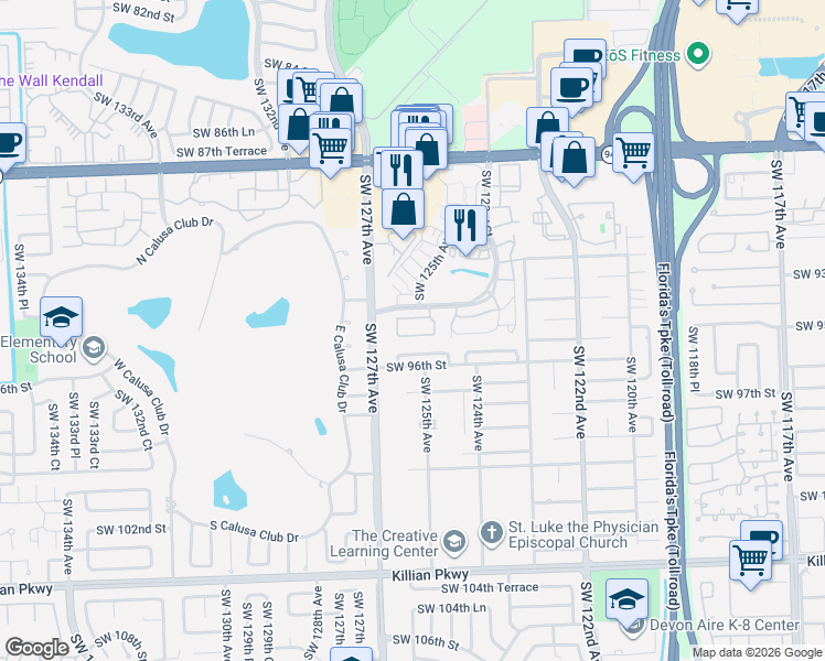 map of restaurants, bars, coffee shops, grocery stores, and more near 12513 Southwest 94th Lane in Miami