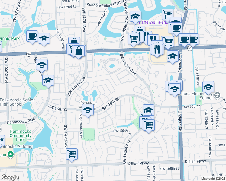 map of restaurants, bars, coffee shops, grocery stores, and more near 14387 Southwest 96th Street in Miami