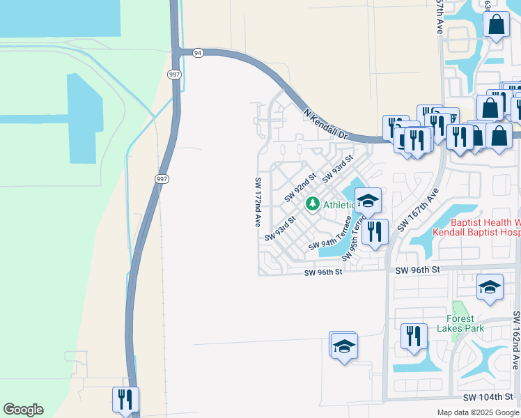 map of restaurants, bars, coffee shops, grocery stores, and more near 17182 Southwest 92nd Street in Miami