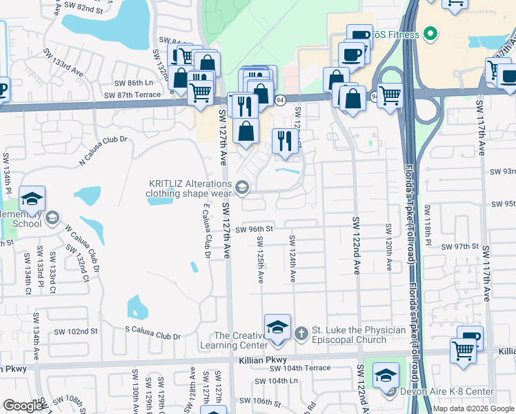 map of restaurants, bars, coffee shops, grocery stores, and more near 12513 Southwest 94th Lane in Miami