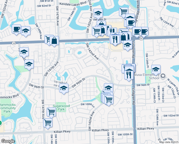 map of restaurants, bars, coffee shops, grocery stores, and more near 14311 Southwest 96th Street in Miami