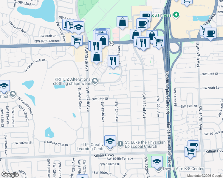 map of restaurants, bars, coffee shops, grocery stores, and more near 12393 Southwest 94th Lane in Miami