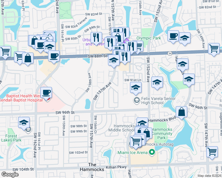 map of restaurants, bars, coffee shops, grocery stores, and more near 15448 Southwest 92nd Street in Miami