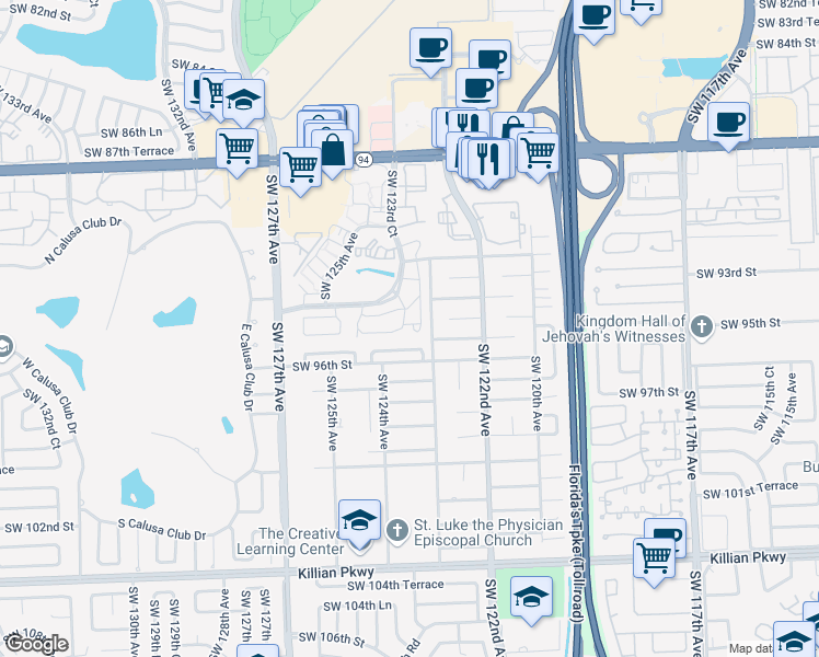 map of restaurants, bars, coffee shops, grocery stores, and more near 9448 Southwest 123rd Avenue Court in Miami