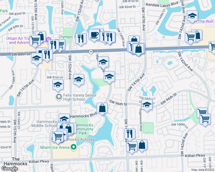 map of restaurants, bars, coffee shops, grocery stores, and more near 9270 Hammocks Boulevard in Miami