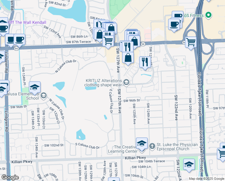 map of restaurants, bars, coffee shops, grocery stores, and more near 9421 Southwest 94th Street in Miami