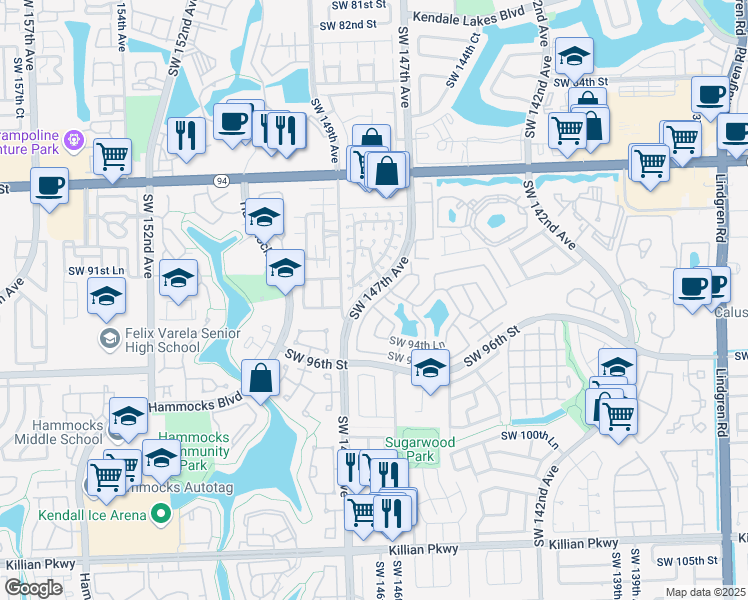 map of restaurants, bars, coffee shops, grocery stores, and more near 9368 Southwest 146th Place in Miami