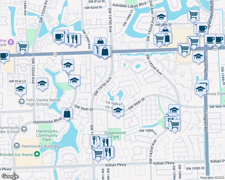 map of restaurants, bars, coffee shops, grocery stores, and more near 9269 Southwest 146th Court in Miami