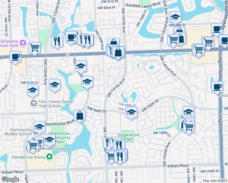 map of restaurants, bars, coffee shops, grocery stores, and more near 9368 Southwest 146th Place in Miami