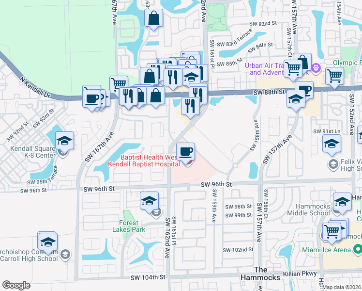 map of restaurants, bars, coffee shops, grocery stores, and more near 9555 Southwest 162nd Avenue in Miami