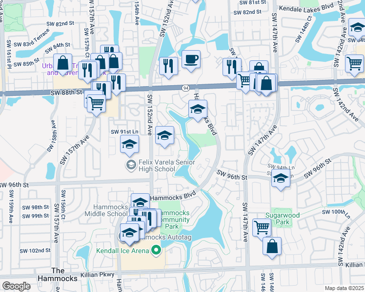 map of restaurants, bars, coffee shops, grocery stores, and more near 9226 Southwest 150th Avenue in Miami