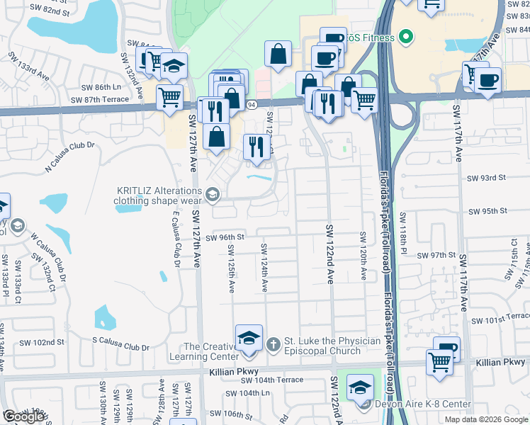 map of restaurants, bars, coffee shops, grocery stores, and more near 12391 Southwest 94th Lane in Miami
