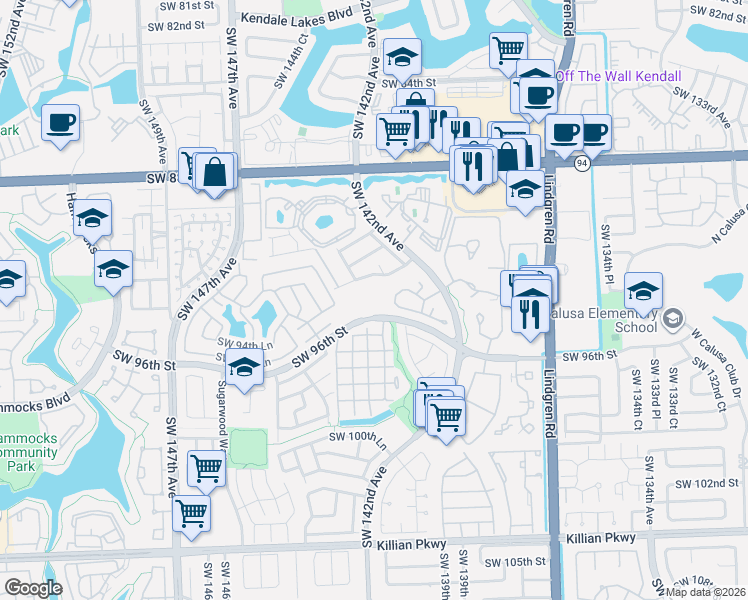 map of restaurants, bars, coffee shops, grocery stores, and more near 14305 Southwest 96th Street in Miami