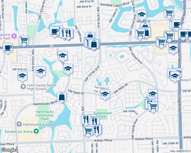 map of restaurants, bars, coffee shops, grocery stores, and more near 9269 Southwest 146th Court in Miami