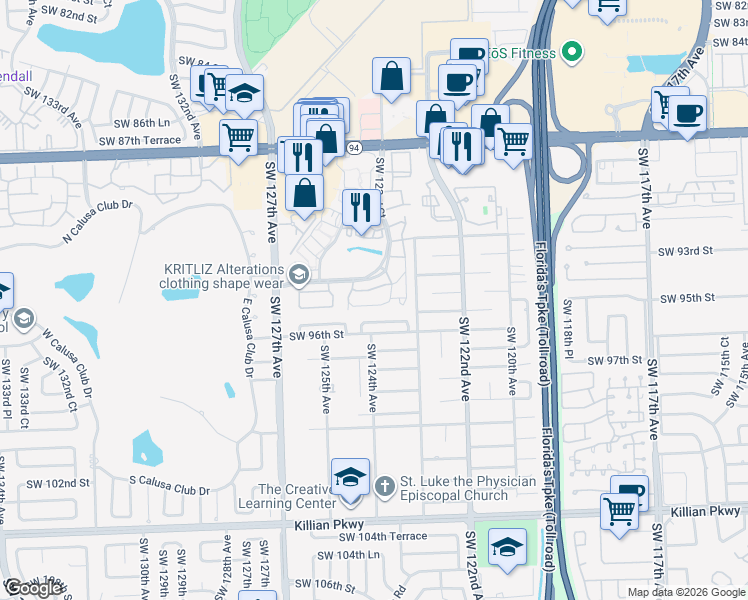 map of restaurants, bars, coffee shops, grocery stores, and more near 12391 Southwest 94th Lane in Miami