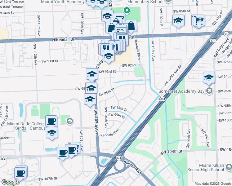 map of restaurants, bars, coffee shops, grocery stores, and more near 10485 Southwest 96th Terrace in Miami