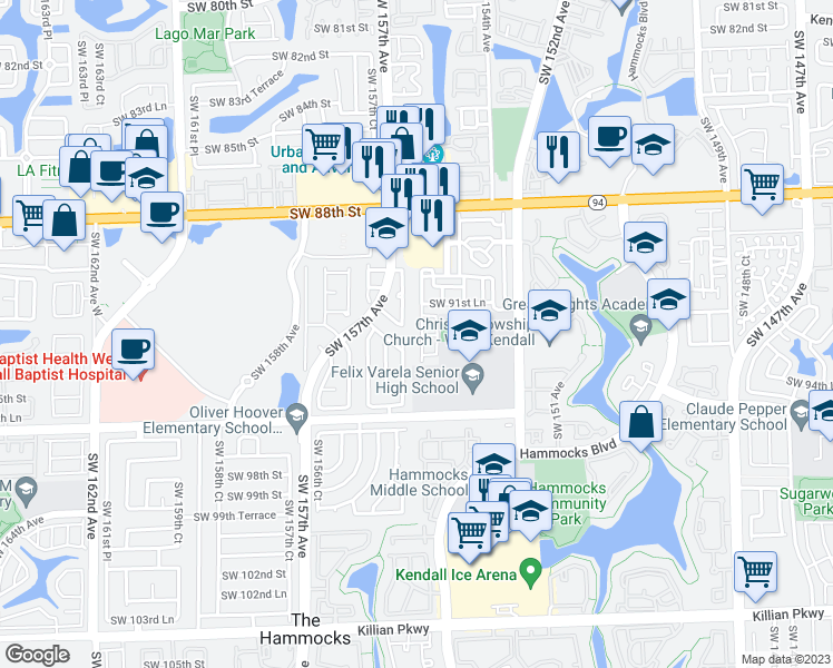 map of restaurants, bars, coffee shops, grocery stores, and more near 9280 Southwest 153rd Passage in Miami