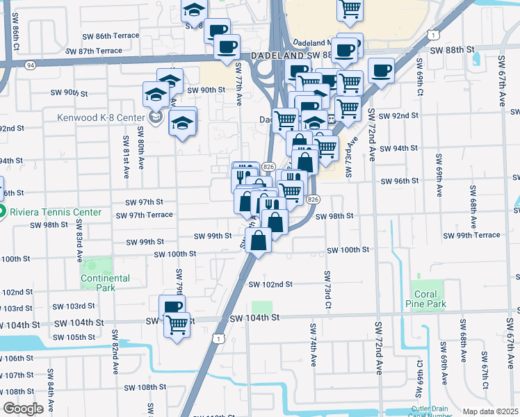 map of restaurants, bars, coffee shops, grocery stores, and more near 11725 Old Dixie Highway in Kendall