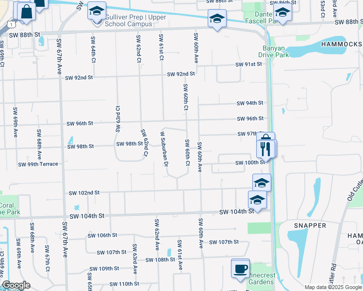 map of restaurants, bars, coffee shops, grocery stores, and more near 9780 Southwest 60th Court in Miami