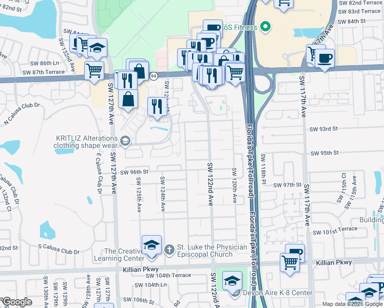 map of restaurants, bars, coffee shops, grocery stores, and more near 12254 Southwest 94th Terrace in Miami