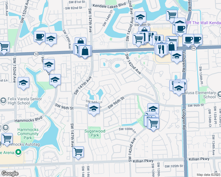 map of restaurants, bars, coffee shops, grocery stores, and more near 9436 Southwest 143rd Place in Miami
