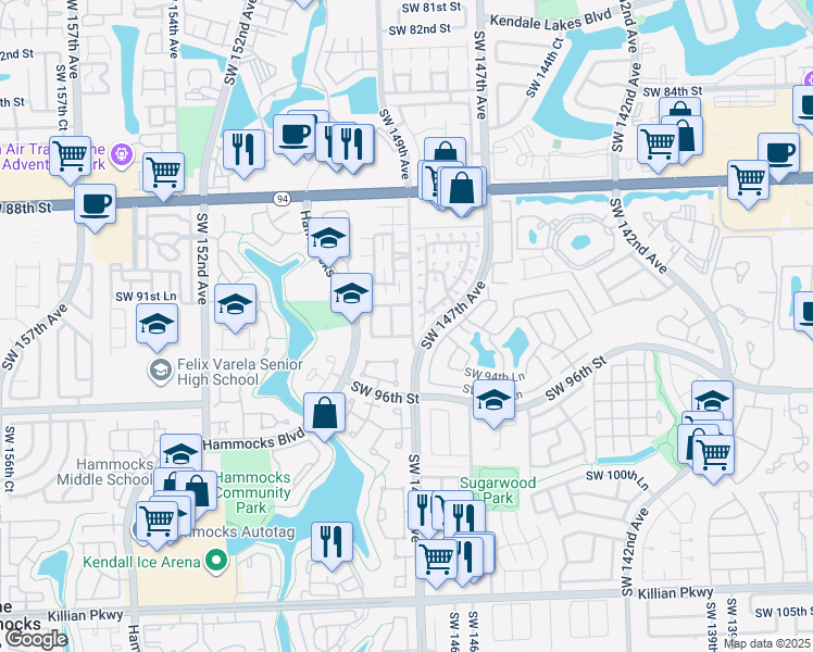 map of restaurants, bars, coffee shops, grocery stores, and more near 9272 Southwest 149th Avenue in Miami