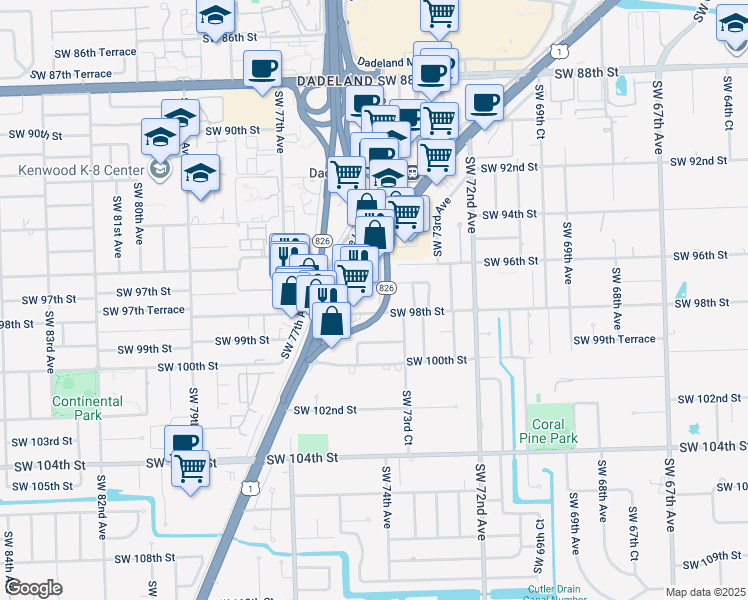 map of restaurants, bars, coffee shops, grocery stores, and more near 9625 South Dixie Highway in Miami