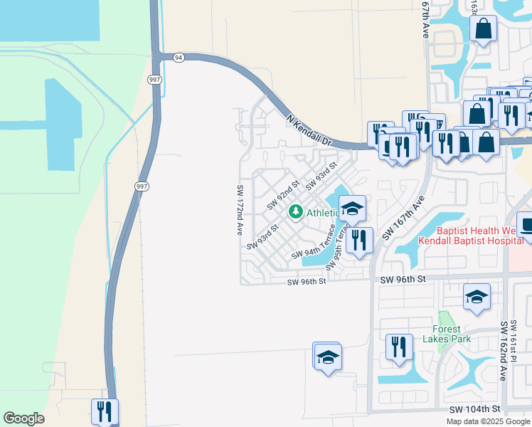 map of restaurants, bars, coffee shops, grocery stores, and more near 9207 Southwest 170th Passage in Miami