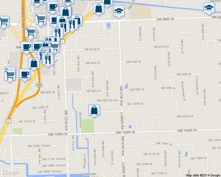 map of restaurants, bars, coffee shops, grocery stores, and more near 6795 Southwest 98th Street in Miami
