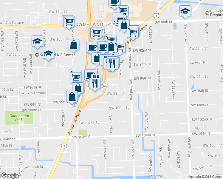 map of restaurants, bars, coffee shops, grocery stores, and more near Palmetto Expressway in Pinecrest