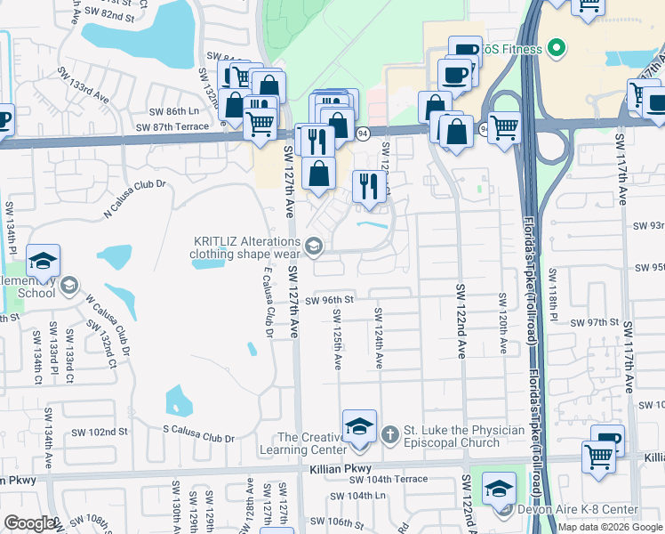 map of restaurants, bars, coffee shops, grocery stores, and more near 12513 Southwest 94th Lane in Miami