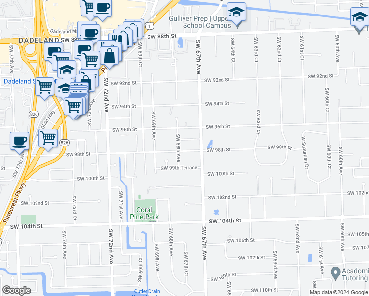 map of restaurants, bars, coffee shops, grocery stores, and more near 6795 Southwest 98th Street in Miami