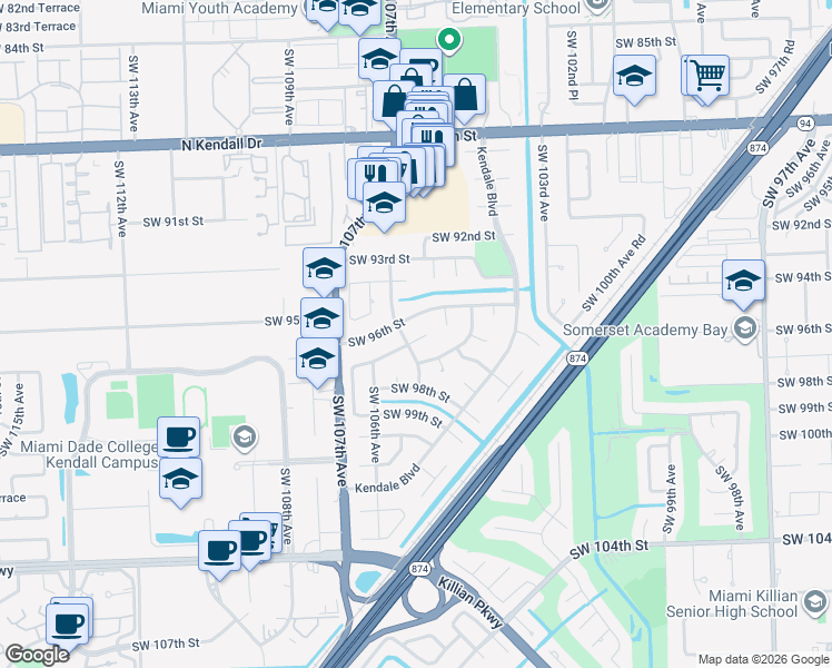 map of restaurants, bars, coffee shops, grocery stores, and more near 10485 Southwest 96th Terrace in Miami