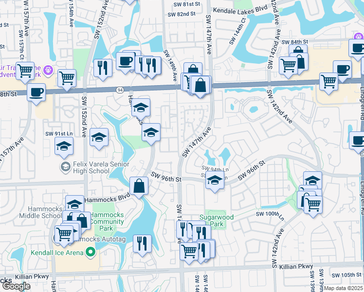 map of restaurants, bars, coffee shops, grocery stores, and more near 9272 Southwest 149th Avenue in Miami