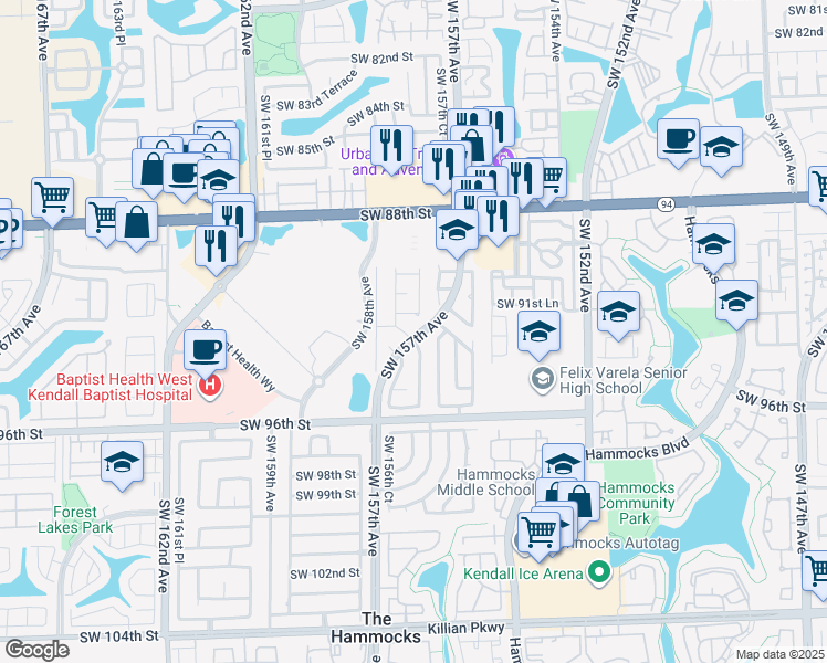 map of restaurants, bars, coffee shops, grocery stores, and more near 15705 Southwest 92nd Terrace in Miami