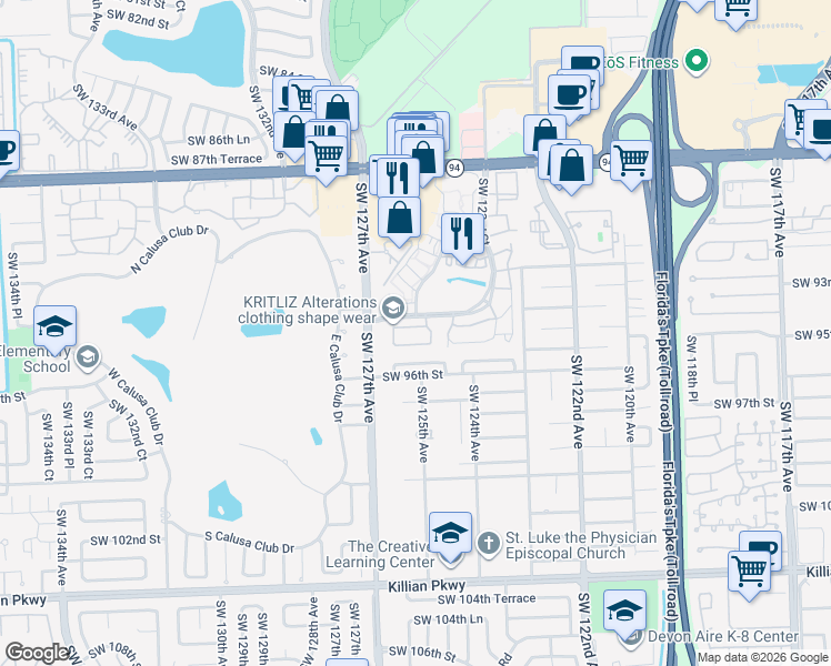 map of restaurants, bars, coffee shops, grocery stores, and more near 12513 Southwest 94th Lane in Miami