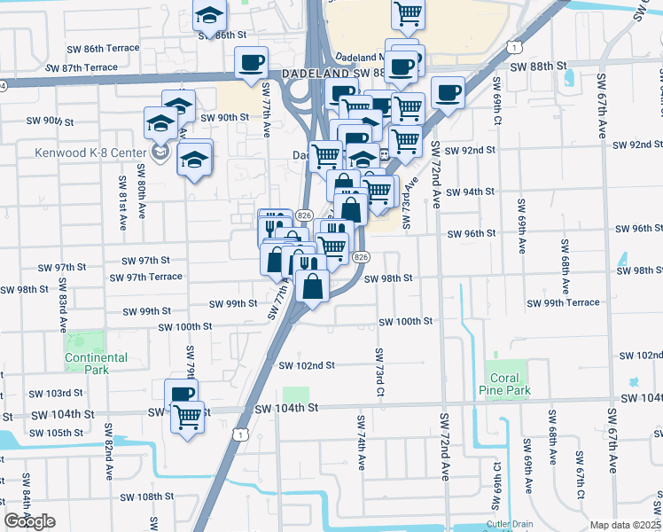 map of restaurants, bars, coffee shops, grocery stores, and more near 9625 South Dixie Highway in Miami
