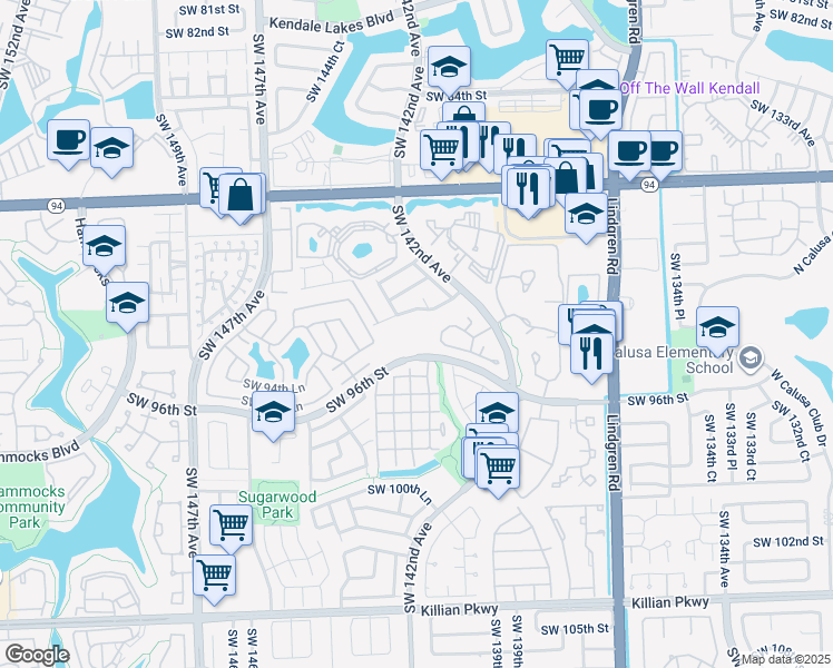 map of restaurants, bars, coffee shops, grocery stores, and more near 14305 Southwest 96th Street in Miami