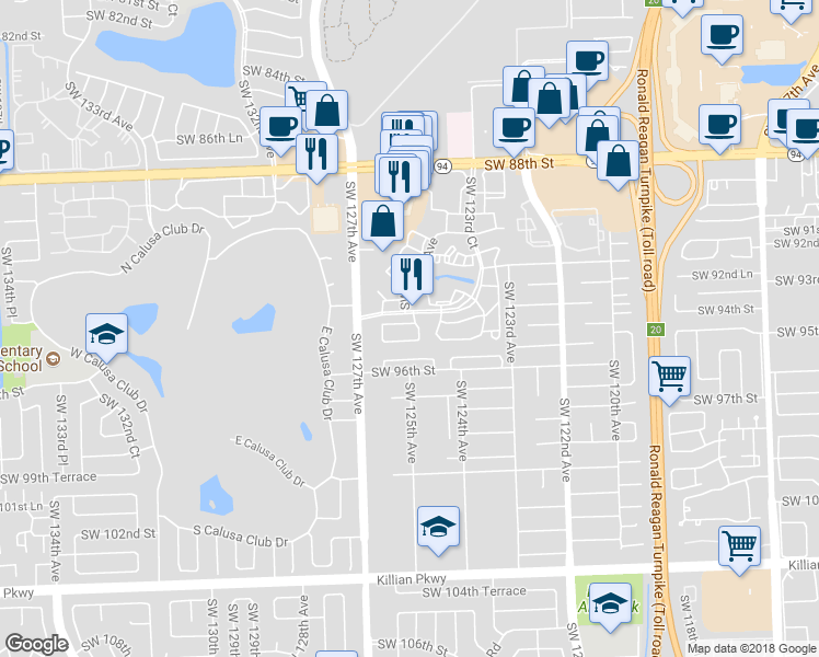 map of restaurants, bars, coffee shops, grocery stores, and more near 12434 Southwest 94th Terrace in Miami