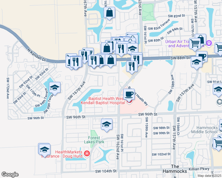 map of restaurants, bars, coffee shops, grocery stores, and more near 16263 Southwest 92nd Terrace in Miami