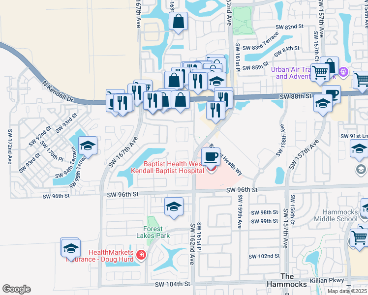 map of restaurants, bars, coffee shops, grocery stores, and more near 16263 Southwest 92nd Terrace in Miami