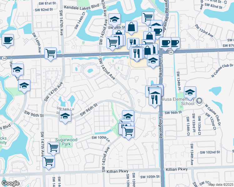 map of restaurants, bars, coffee shops, grocery stores, and more near 14210 Southwest 94th Circle Lane in Miami